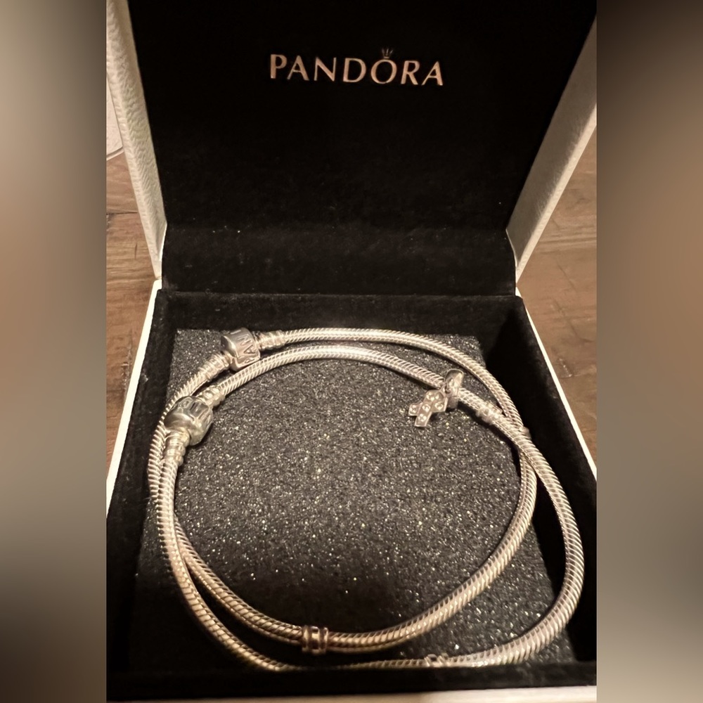 Pandora 9” bracelet (2) one with Breast cancer charm
